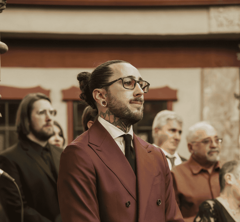 Taken by an Arizona Photographer. Stylish groom in maroon suit and glasses emotionally watching ceremony at The Wright House in Mesa Arizona.
